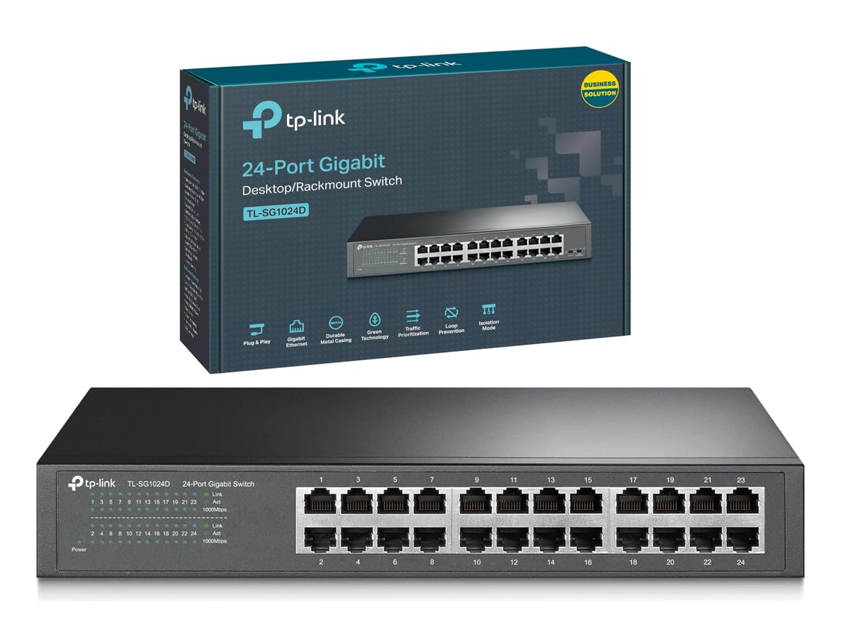 TP-Link SG1024D - Switch Ethernet 24 Puertos Gigabit 10/100/1000 Mbps, No Gestionable, Puertos Blindados, Carcasa Metálica, Desktop, Sin Ventilador, Modo Silencioso
