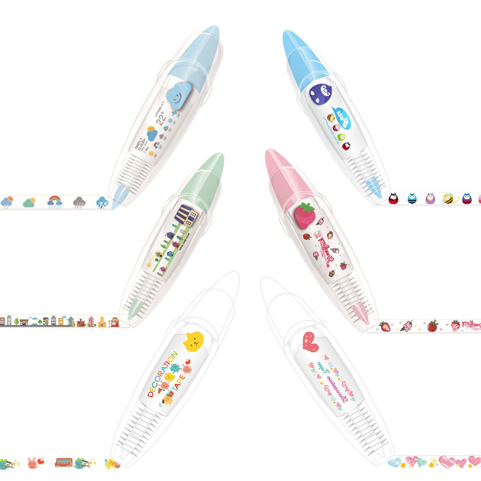 LLELEMAMO Infinite Decorative Pens, DIY Cute Animal Press Type Decorative Pens for Scrapbooking, DIY Lace Decoration Tape Pen for Kids, Diary Decorative Correction Tapes (6Pcs-B)