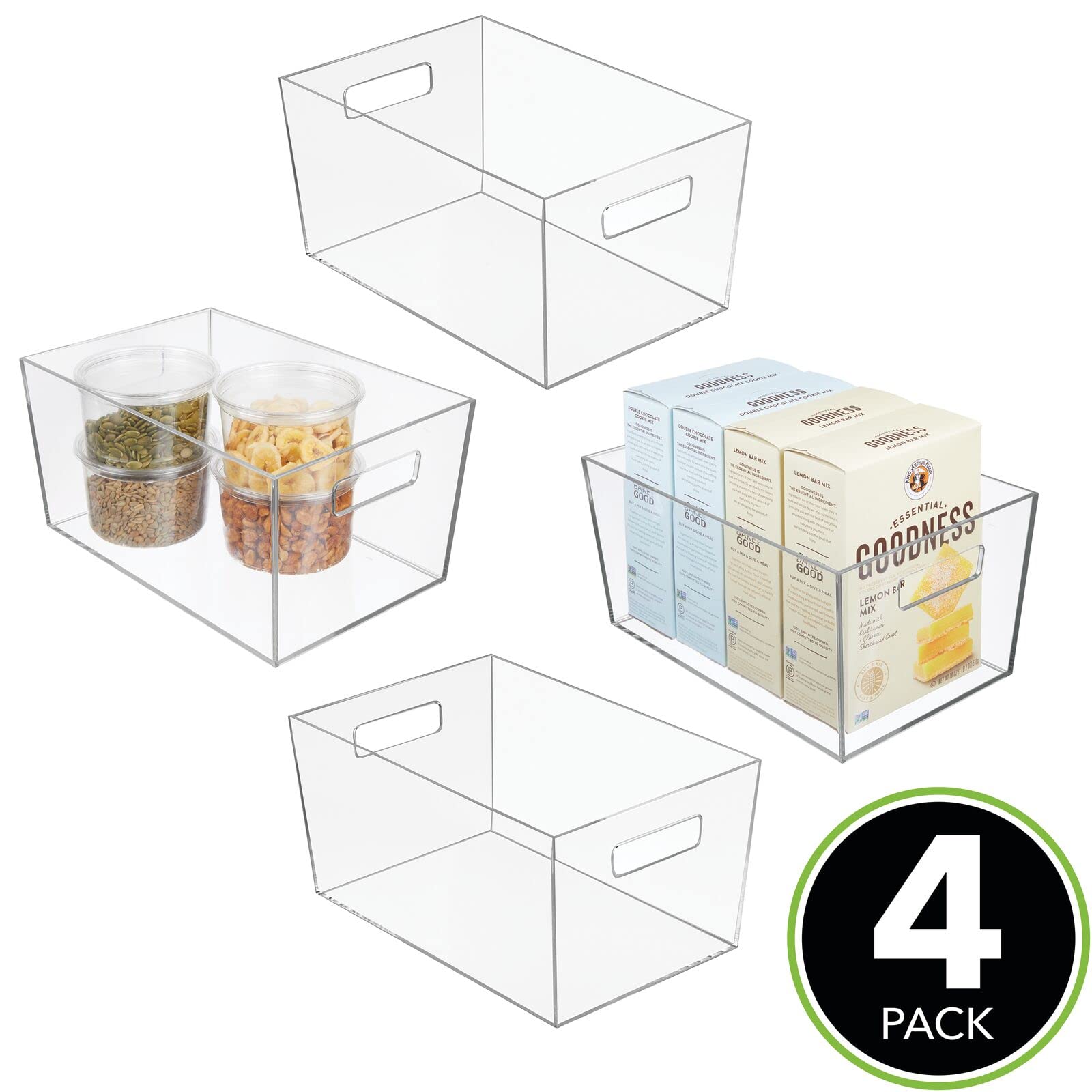 mDesign Caja organizadora con asas – Práctico organizador de frigorífico mediano para almacenar alimentos – Contenedor de plástico sin BPA para mueble de cocina o nevera – Juego de 4 – transparente