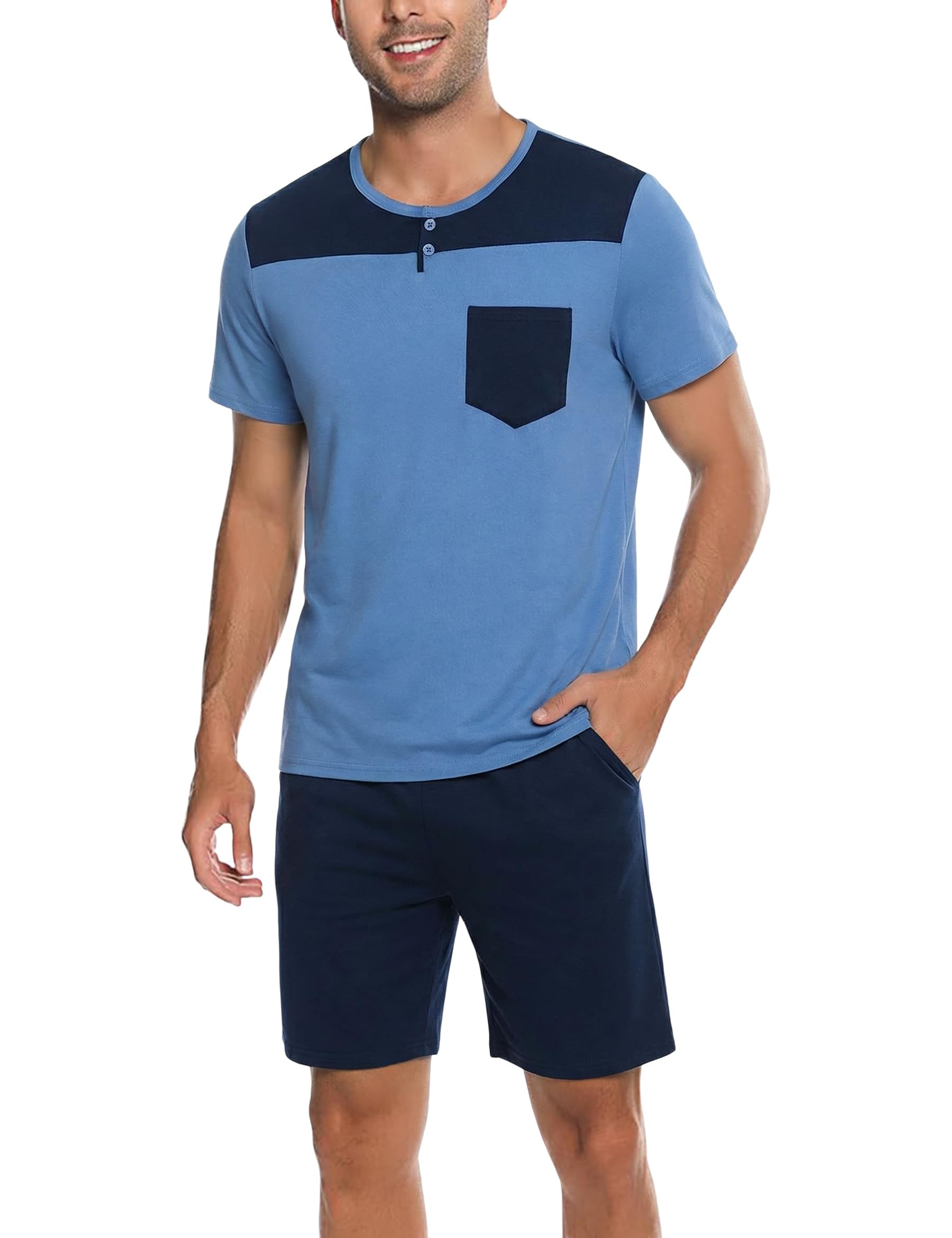 Demegimi Herren Schlafanzug Kurz Shorty Pyjama Baumwolle Lustige Katze T-Shirt Sommer Pyjama Set Loungewear für Männer
