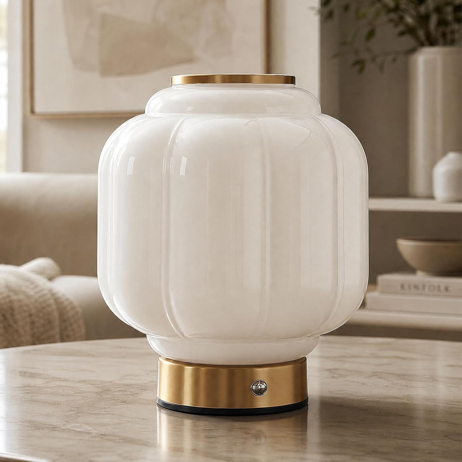 OOWOKS Vintage Glass Table Lamp Cordless Bedside Lamp Rechargeable LED Lamp Touch-Dimmable for Bedrooms and Bedside Tables Small Rechargeable Table Lamp in Mid-Century Style for Living Rooms,White