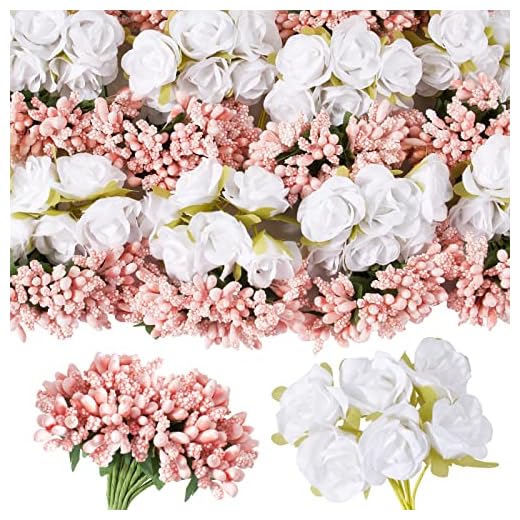 BETESSIN Rosa Artifical, Ramos de Rosa Falsa, con Fruta y Hoja de Flor, Tallos Cabeza de Rosa con Hilo y Alambre de Tallo, Flor Artificial Decoración de Boda/Mesa/Despedida Soltera 144pcs Kit 60pcs