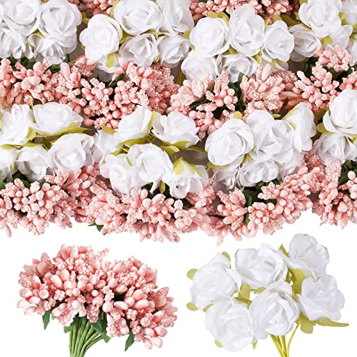 BETESSIN Rosa Artificial con Fruta y Hoja de Flor, Tallos Cabeza con Hilo y Alambre de Tallo, Flor Artificial Decoración de Boda/Mesa/Despedida Soltera 144pcs Kit 60pcs