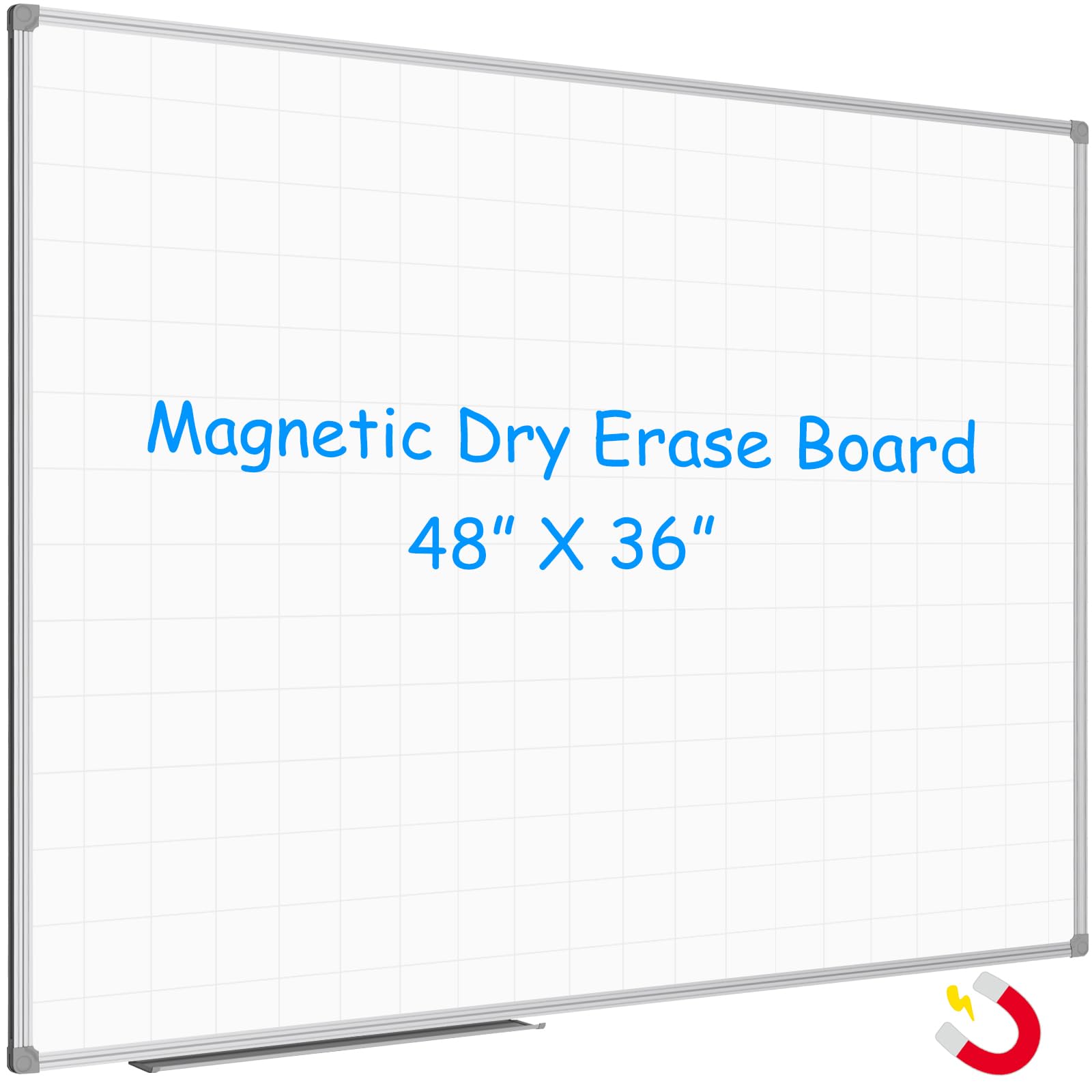JILoffice Magnetic Dry Erase Planning Board, Grid Pattern White Board 48 x 36 Inch, Silver Aluminum Frame with Detachable Marker Tray for Office School and Home