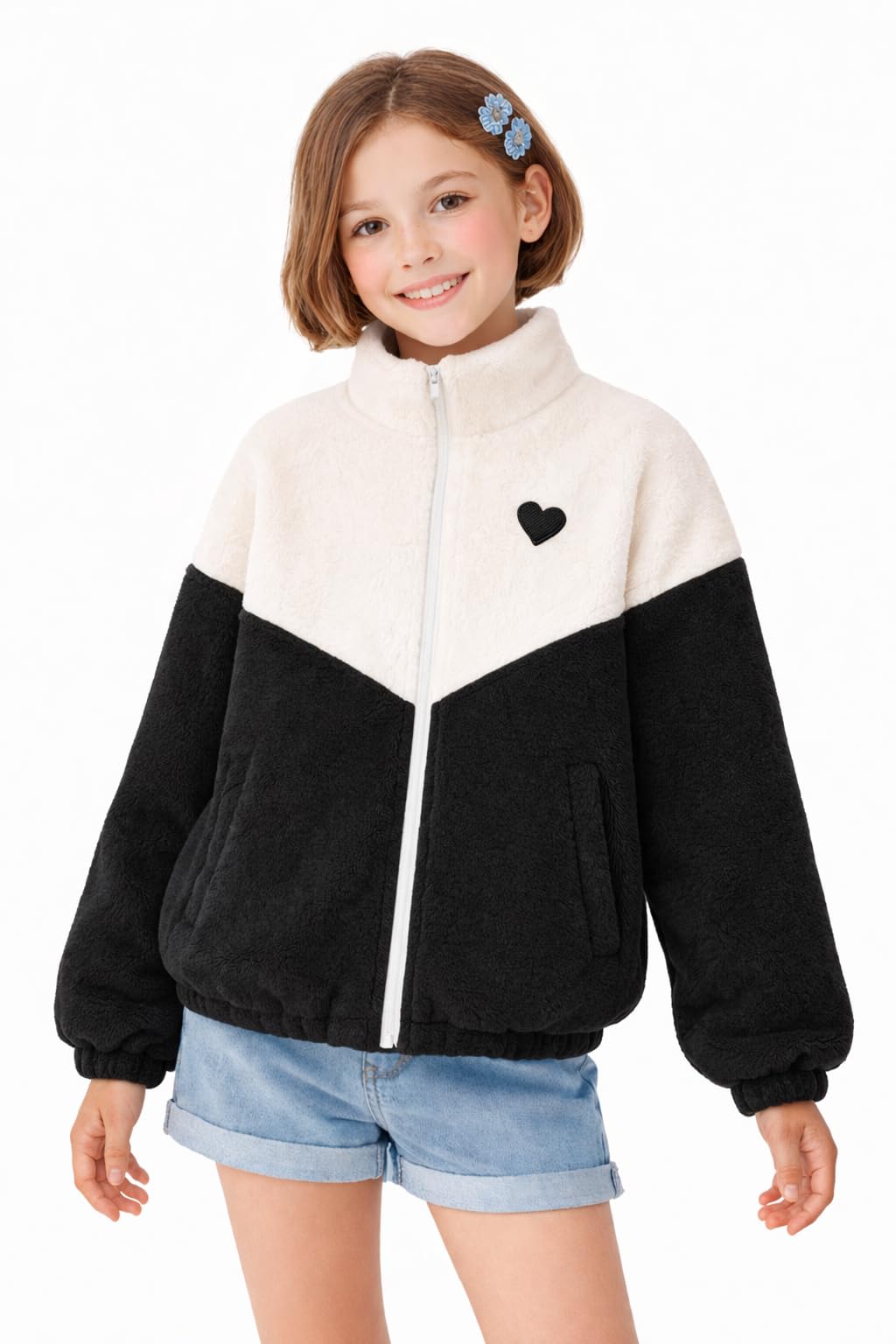 FUNKY MONKEY Girls Coral Fleece Jacket with High Collar & Front Zipper | Soft Warm Winter Jacket for Kids | Color Block Fleece Hoodie Alternative-image-0