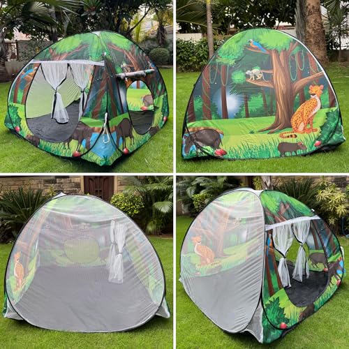 Image of Foldable Play Tent House Big Size for Girl Boys with Jungle Theme Pop-Up Indoor & Outdoor Playhouse for Girls Boys| Multi Purpose Tent with Fun Patterns Easy Setup & Portable (Green Orange)