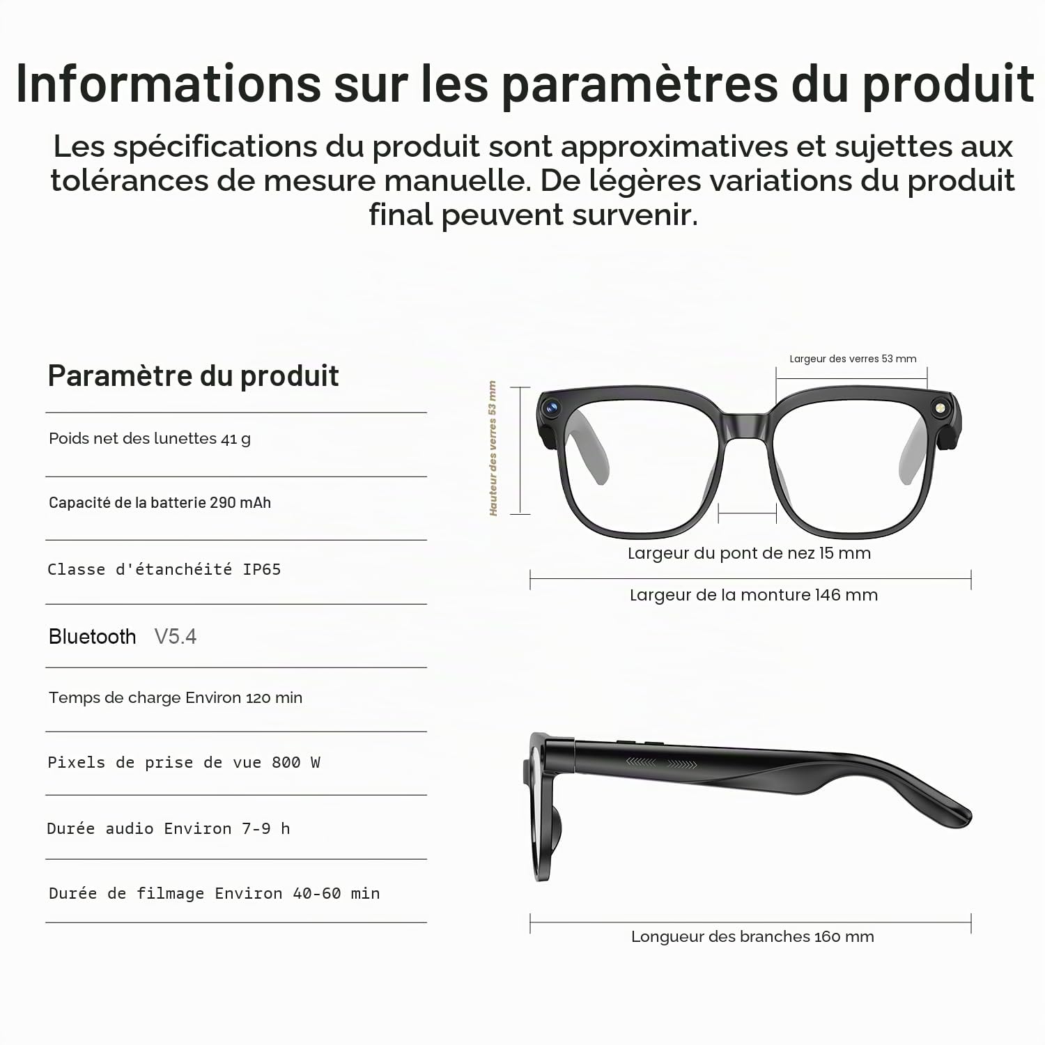 Lunettes AI Smart Camera - Vidéo HD 1080p, Photo, Traduction vocale : avec Verres de Protection Solaire/lumière Bleue interchangeables, Utilisation en extérieur, randonnées à vélo, randonnée