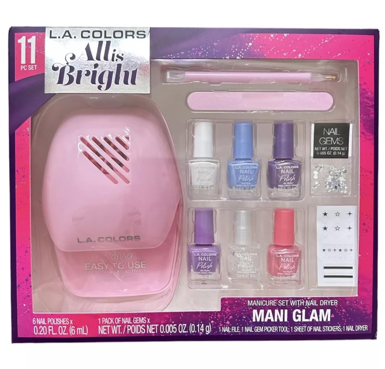 L.A. COLORS All Is Bright 11pc Mamicure Set With Nail Dryer, Mani Glam