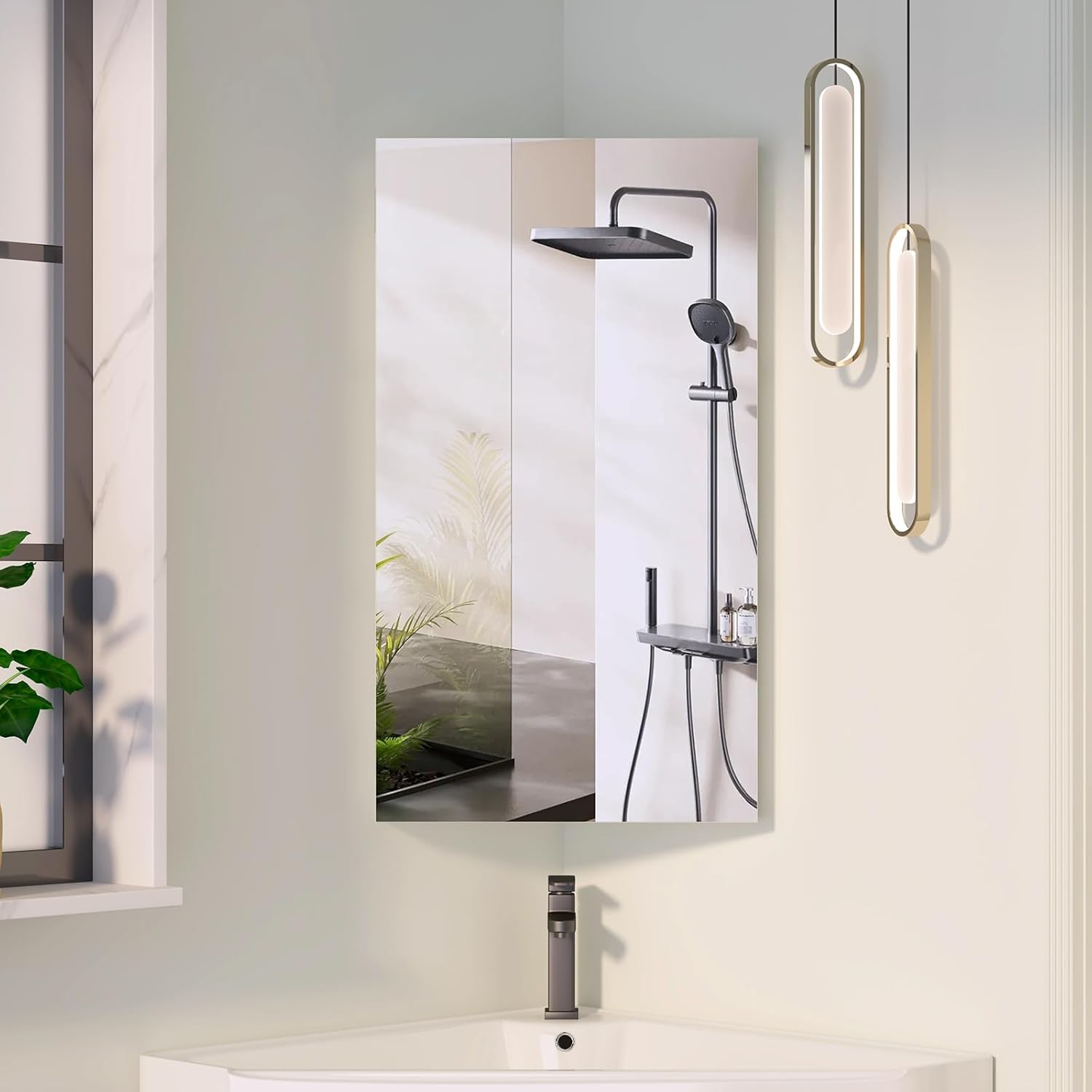 Bathroom Corner Medicine Cabinet with Mirror, Corner Wall Mount Medicine Cabinet with 3 Storage,Small Corner Cabinet for Bathroom, Opens Right to Left, 2 Fixed Shelves,White,24x14