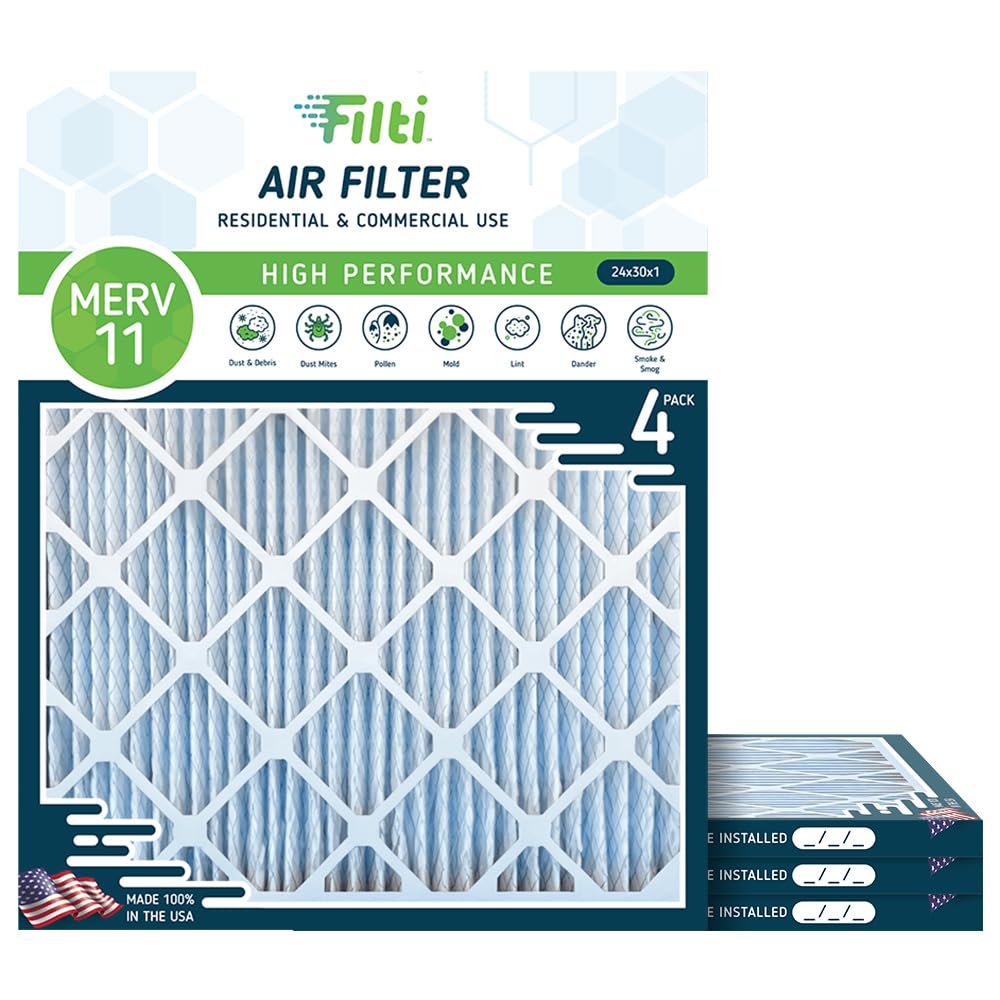 FILTI 6500 Air Filter 24x30x1 MERV 11 | Pleated High Capacity Home Air Filter w/ 70% Reduced Carbon Footprint via Patented Nanofiber Technology | HVAC AC Furnace Filter MADE IN USA, 4 Pack (24x30x1)