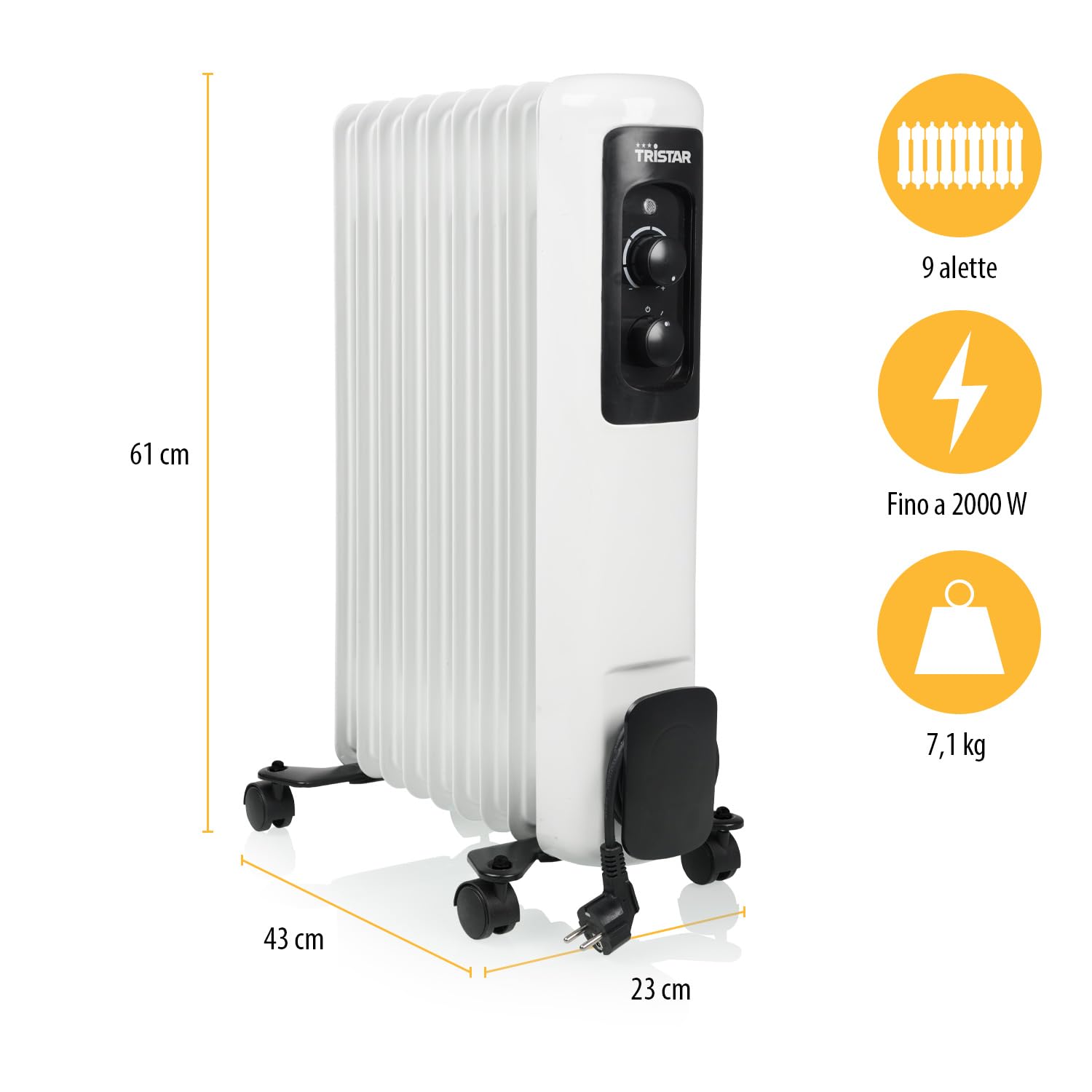Radiatore a olio Tristar KA-5179-3 impostazioni di calore - Termostato regolabile - 2000 W max - 9 alette riscaldanti, Bianco