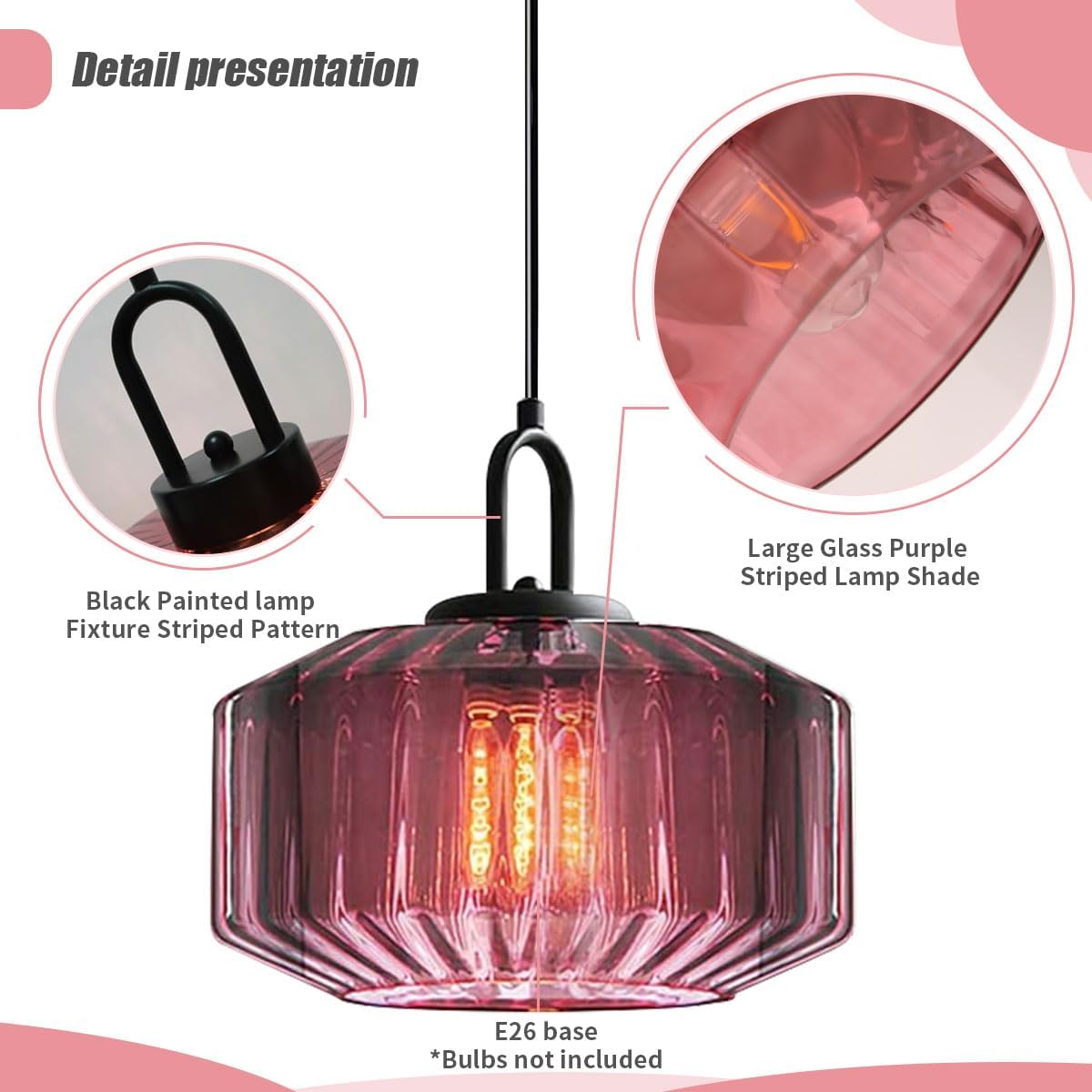 Glass Globe Pendant Light with 8.26″ Purple Shade, Small Mid Century Modern Pendant Light Fixture Striped Glass Design, Nordic Vintage Pendant Lights for Dining Room Kitchen Island