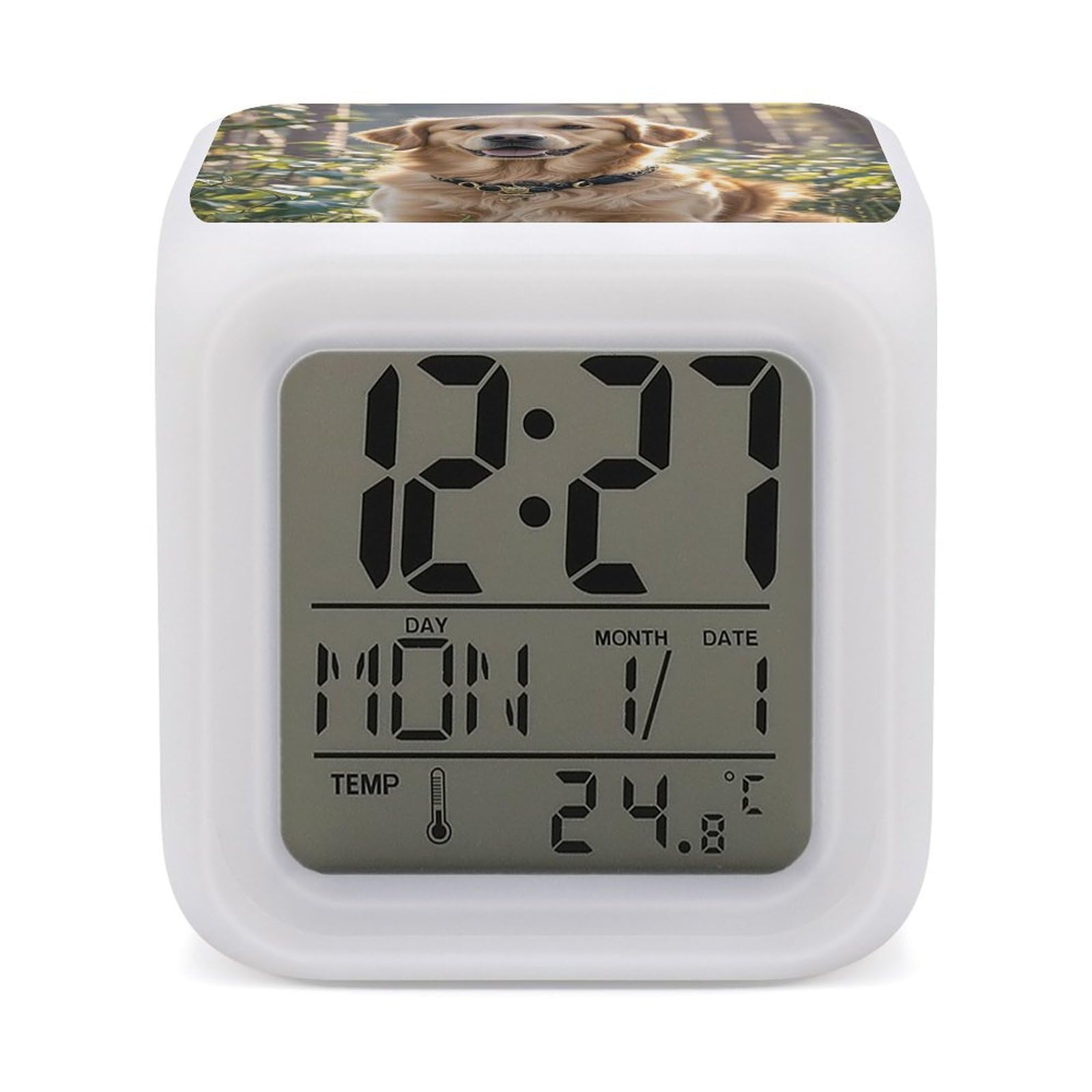 FekiLoot Golden Retriever Alarm Clock for Heavy Sleepers Small Digital Alarm Clock with Date Temperature Wake Up Digital Clocks with 7 Colors Changing Desk Clocks for Bedroom Bedside Nightstand