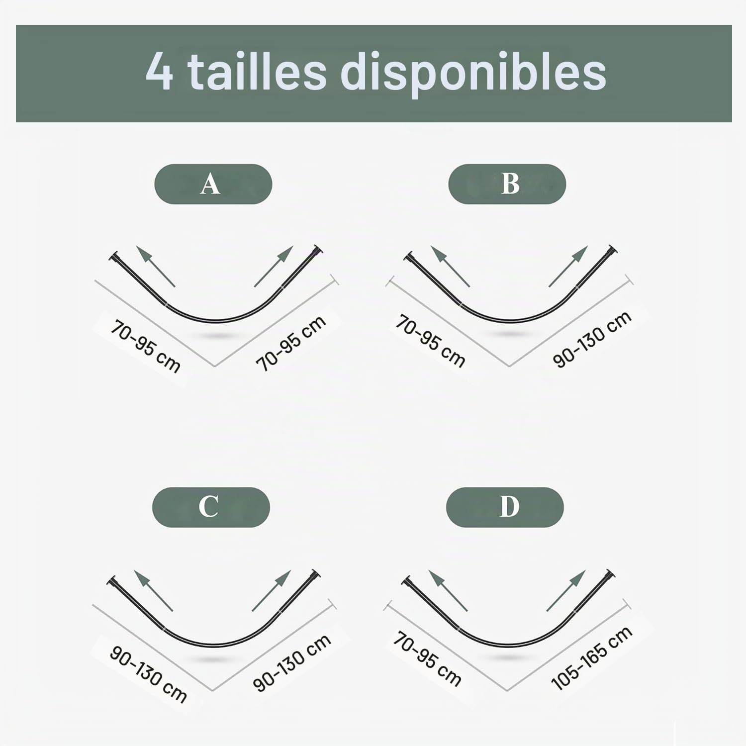 Tringle de rideau de douche extensible en forme de L, sans perçage, en acier inoxydable 304, type L70 à 95 x 125 à 165 cm