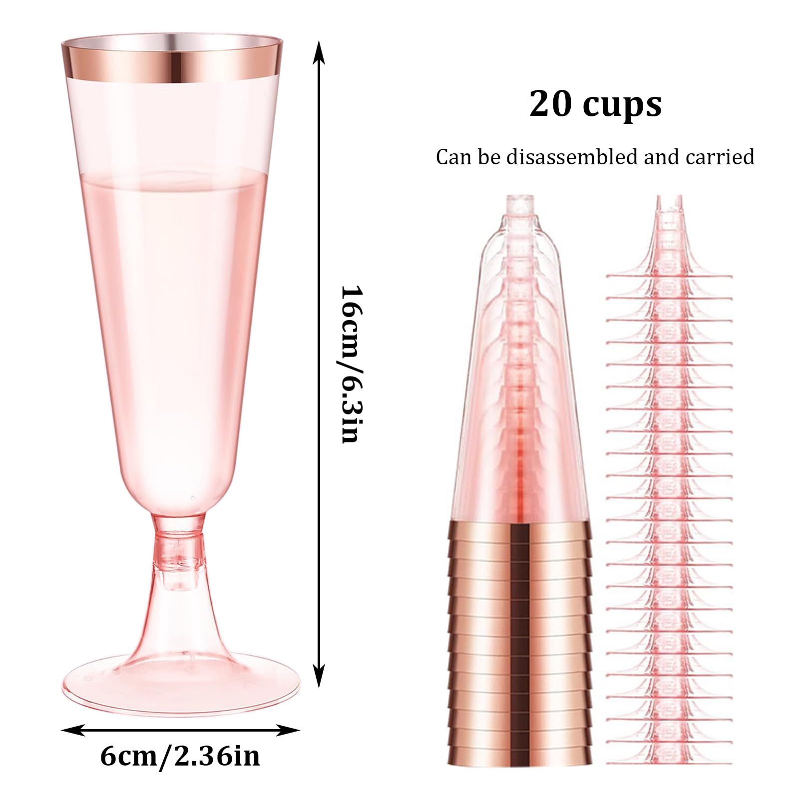 20 bicchieri da champagne in plastica, 150 ml, con bordo in oro rosa e brillantini, riutilizzabili, per compleanni, matrimoni, feste, picnic, attività all'aperto (oro rosa)