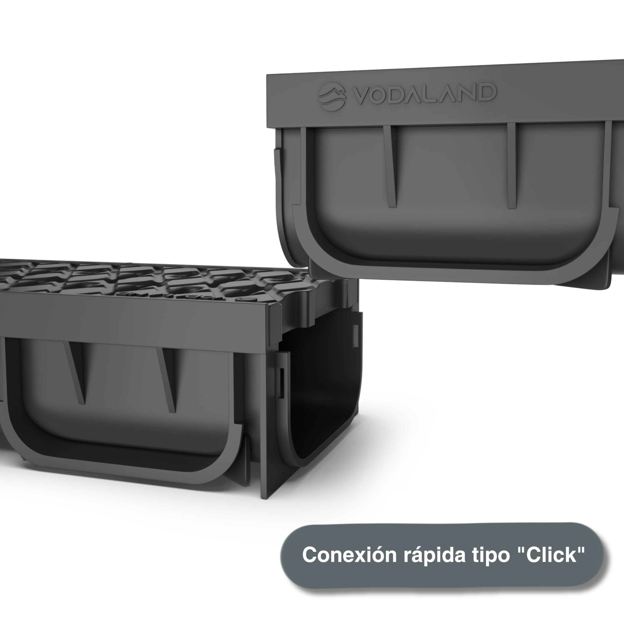 VODALAND EASY 2 - Canaleta de Desagüe de 5 Metros con Rejilla de Plástico Negro | Sistema de Drenaje para Jardines, Aguas Pluviales y Terrazas | Resistente, Fácil de Instalar| Kit Completo Drenaje