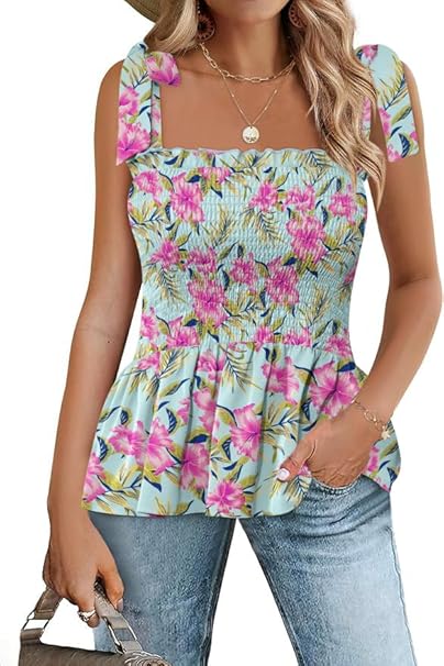 Micoson Ruffle Tank Tops for Women Summer Square Neck Sleeveless Tops Tie Shoulder Chiffon Blouse Babydoll Shirts