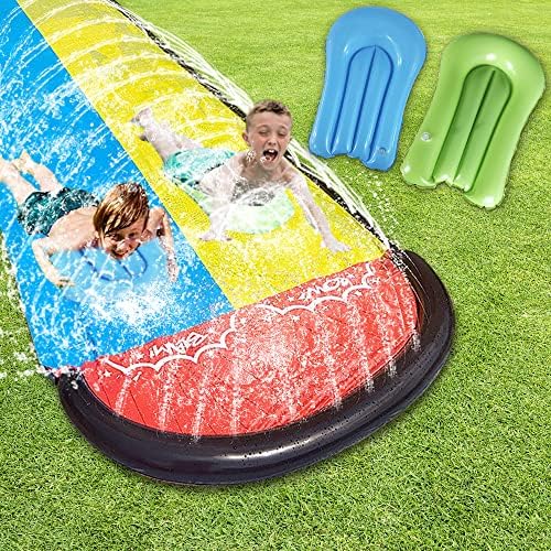 OuYteu 16ft Double Slip Slides, Heavy Duty Lawn Water Slide for Kids Adults with Sprinkler and 2 Inflatable Boards, for Backyard Yard Lawn Outdoor Summer Water Fun(Red)