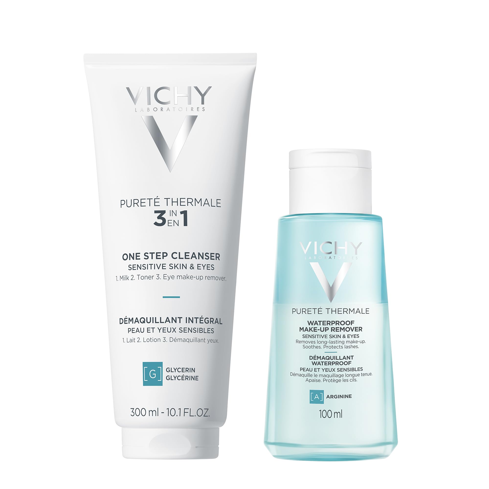 VICHY | Pureté Thermale Set | 3-in-1 Reinigung 300 ml + Waterproof Augen-Make-up-Entferner 100 ml | Reinigt, entfernt Make-up und stärkt die Wimpern | Für empfindliche Haut und Augen | Hypoallergen