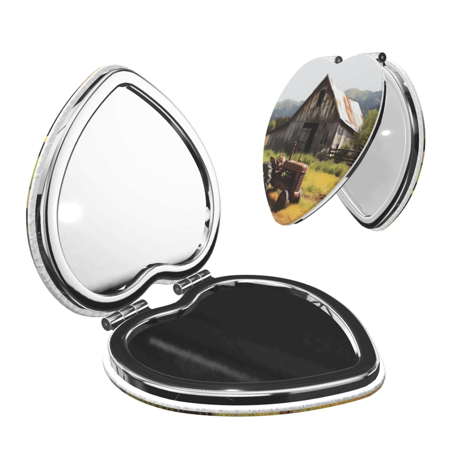 DWVTSLH Old Wooden Barn with Rusted Tractor Compact Mirror for Purse, Double-Sided 2X/1X Magnifying Mirror for Women Men, Travel Makeup Mirror for Handbag, Handheld Vanity Mirror for Gift