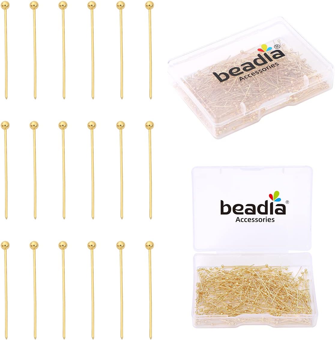 BEADIA 14K Gold Plated Ball Head Pins Non Tarnish 20mm 300pcs for Jewelry Making Findings