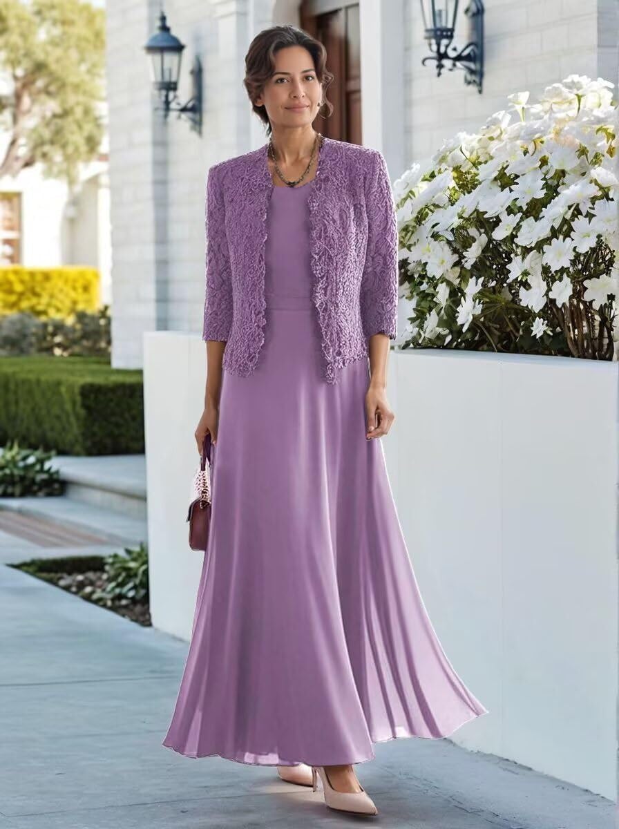 2 Piece Mother of The Bride Dresses with Jacket Lace Chiffon Tea Length 3/4 Sleeve Formal Dress for Women WQ11