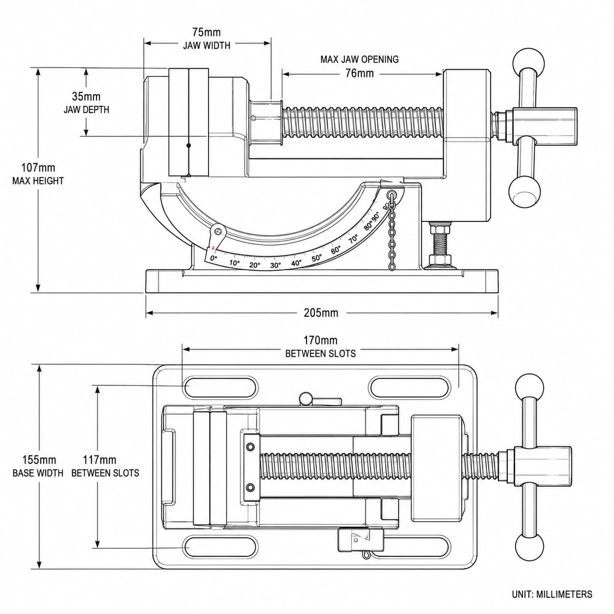 KATSU Morsa Inclinabile 3" 75mm, Morsa per Trapano a Colonna Professionale Fresatrice Angolo di Inclinabile Morsa per Banco da Lavoro in Acciaio