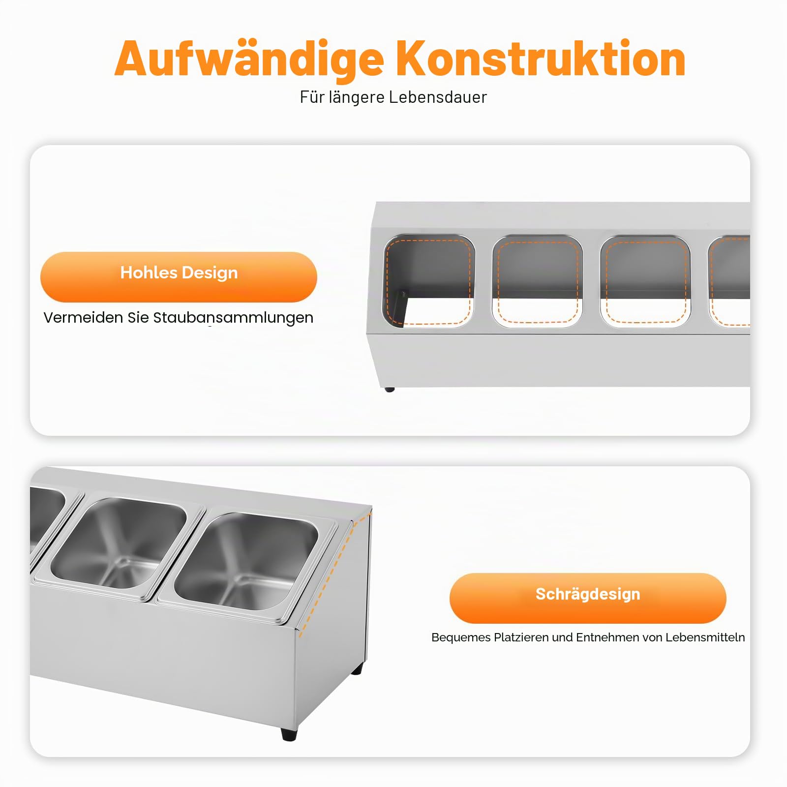 Aufstellbehälter für Vorratsdosen, Zutatenbehälter, 5 Stück Edelstahl Spülmaschinenfest, mit 5 x 1/6 Behälter, mit 5 passenden Deckeln, Aufstellbehälter,