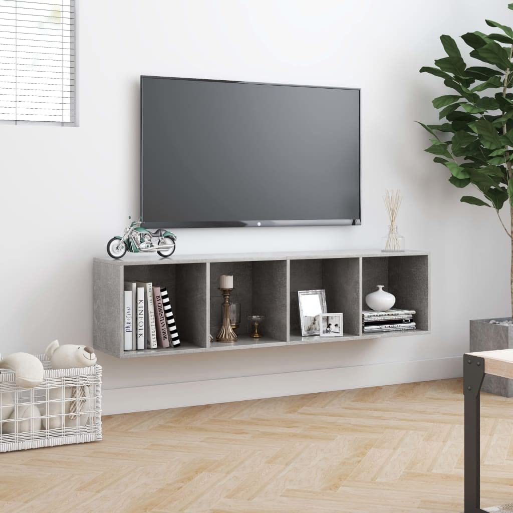 Biblioteka 4 przegródki drewniane Ingenierie Grey Beton 143x30x36 cm | Uniwersalna półka ścienna, przechowywanie książek DVD, łatwe do czyszczenia, montaż w zestawie