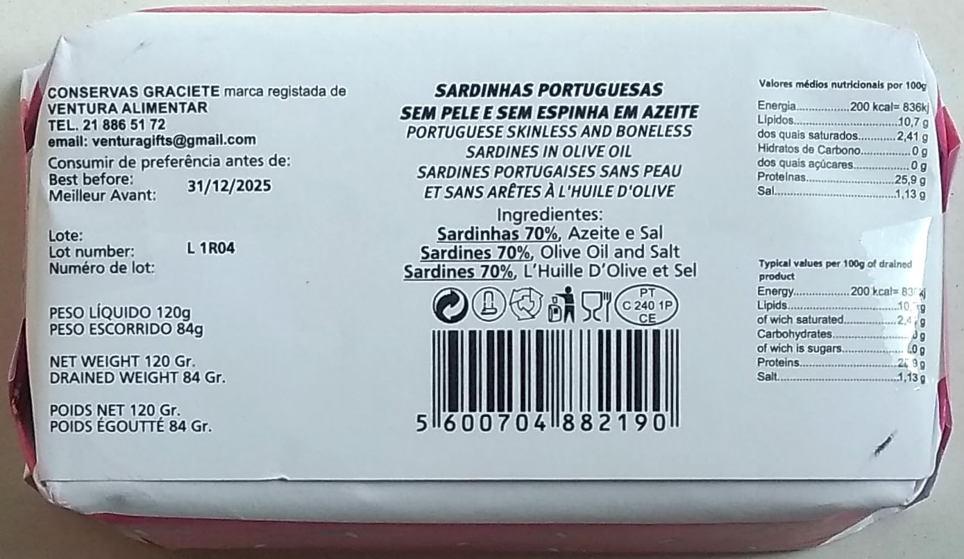 Conservas GRACIETE - Sardine sans peau et désossée en conserve à l'huile d'Olive extra - 4.23oz / 120gr (Paquet de 5 canettes)
