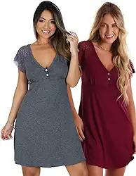 Kit com 2 Camisolas em Viscose com Detalhes Renda Estilo Camiseta Noite Dormir Amamentação Maternidade