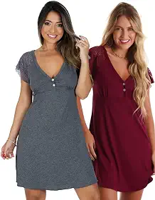 Kit com 2 Camisolas em Viscose com Detalhes Renda Estilo Camiseta Noite Dormir Amamentação Maternidade