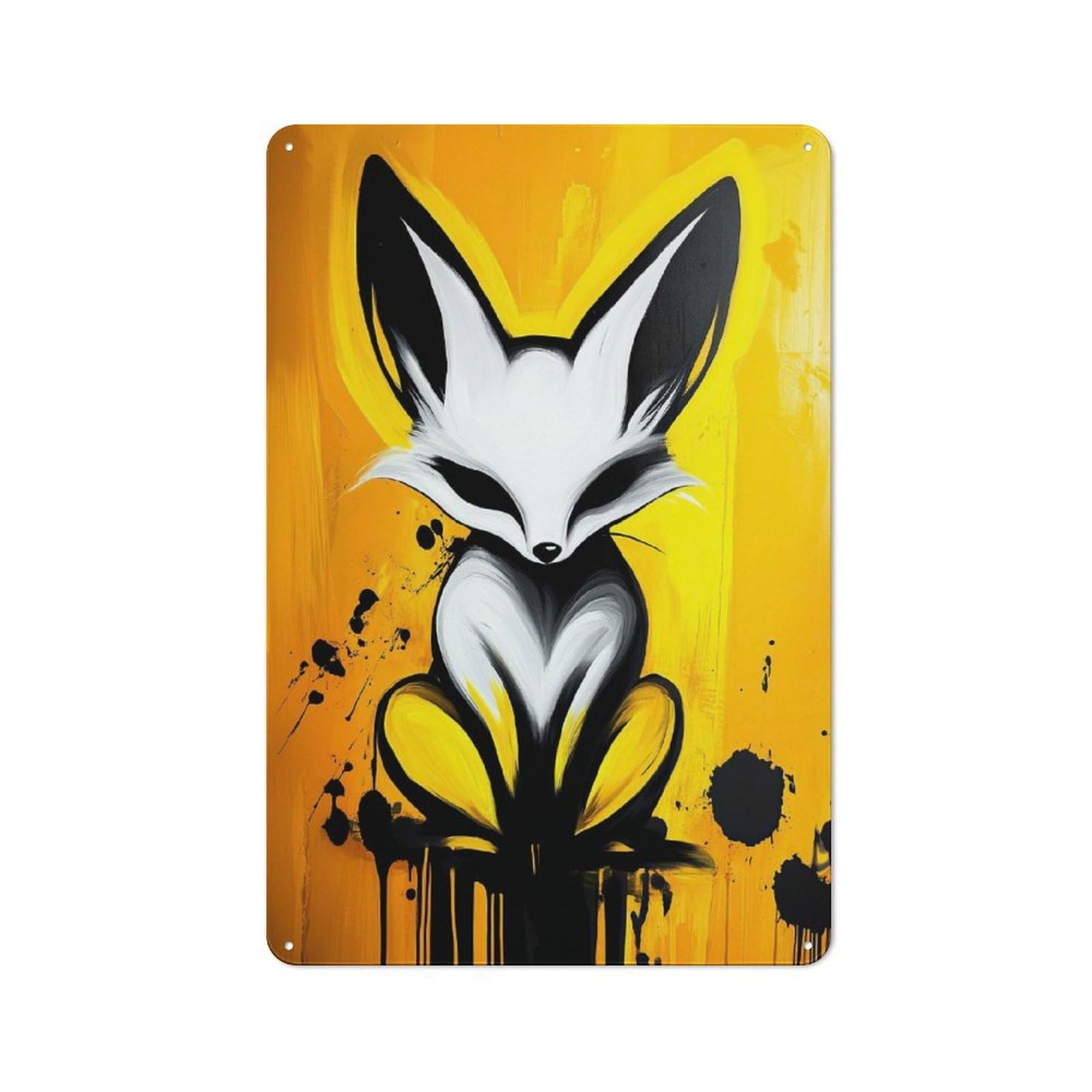 Junmoney Style-3 Metal Wall Sign 30X20cm Featuring White Fox On Yellow Background For Café Or Home Bar, A Decorative Gift For A Newly Furnished Café And Home Bar