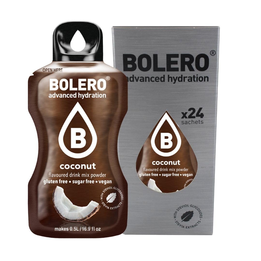 Bolero Drink 24 Bustine 3 gr grammi Sticks Frutta Preparato Polvere Solubile Per Bevanda Fresca in Acqua Prodotto, 72 grammi dolcificato alla stevia (Coconut)