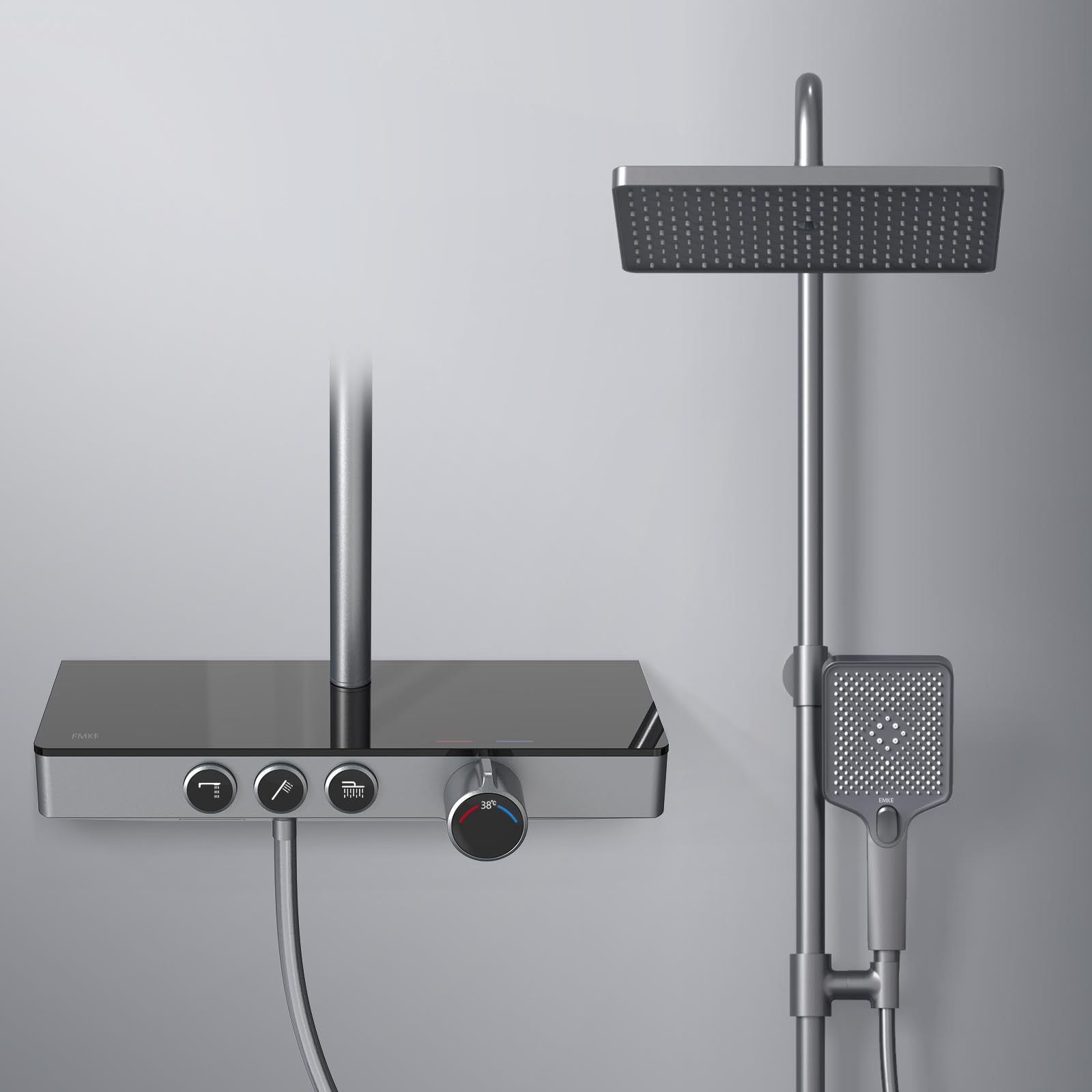 EMKE Termostatyczna kolumna prysznicowa, antracytowa matowa, z termostatycznym prysznicem i prysznicem ręcznym, 3 tryby strumienia, panel termostatyczny 36 cm, prysznic deszczowy 30 cm, certyfikat KTW
