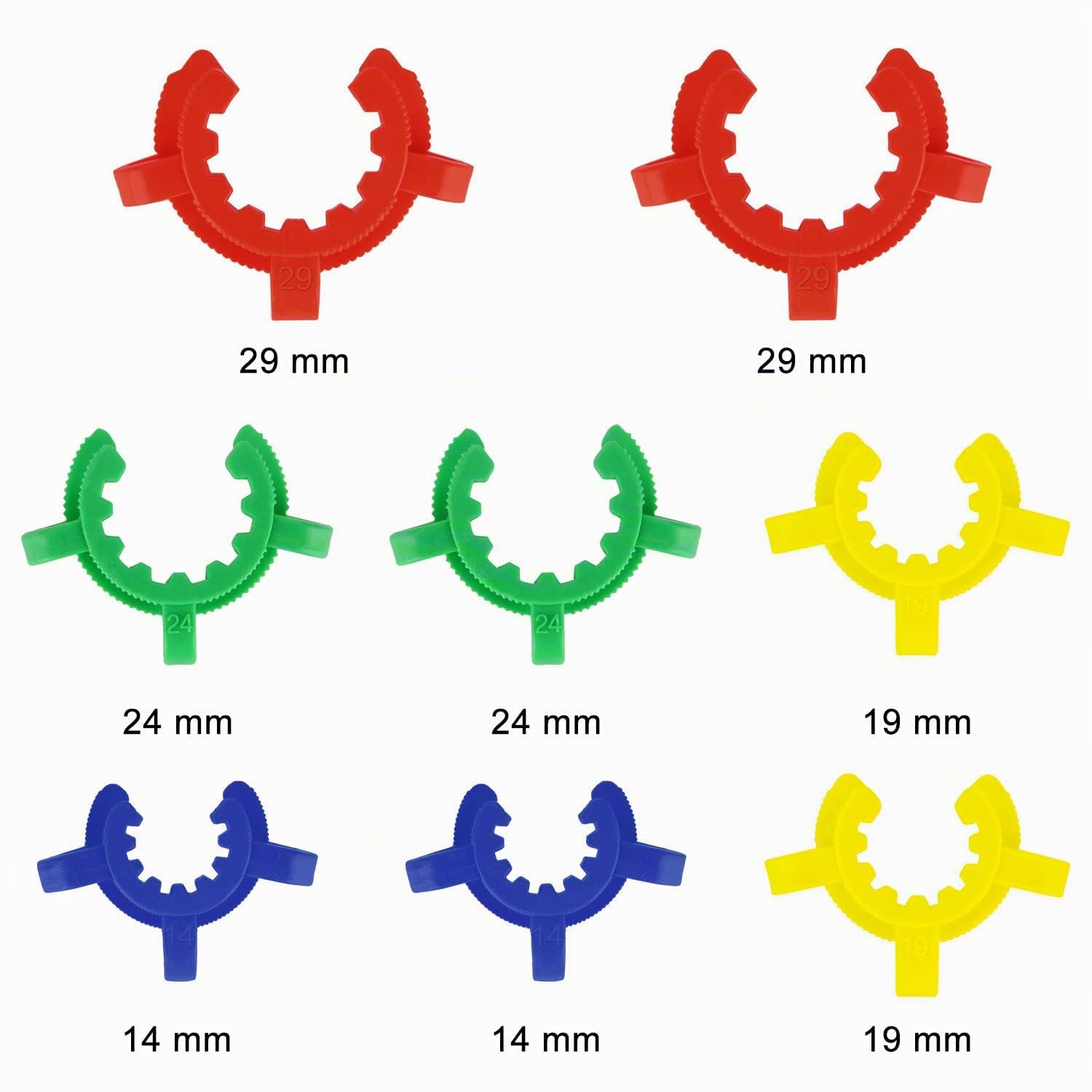 stonylab Clips de Joint en Plastique, 8 pcs Lab Keck Clamp 14 mm/19 mm/24 mm/29 mm Clips pour Standard Verre Conique Interface Clip Ground Verre Joint Lab Accessoire, Assorties Taille et Couleurs