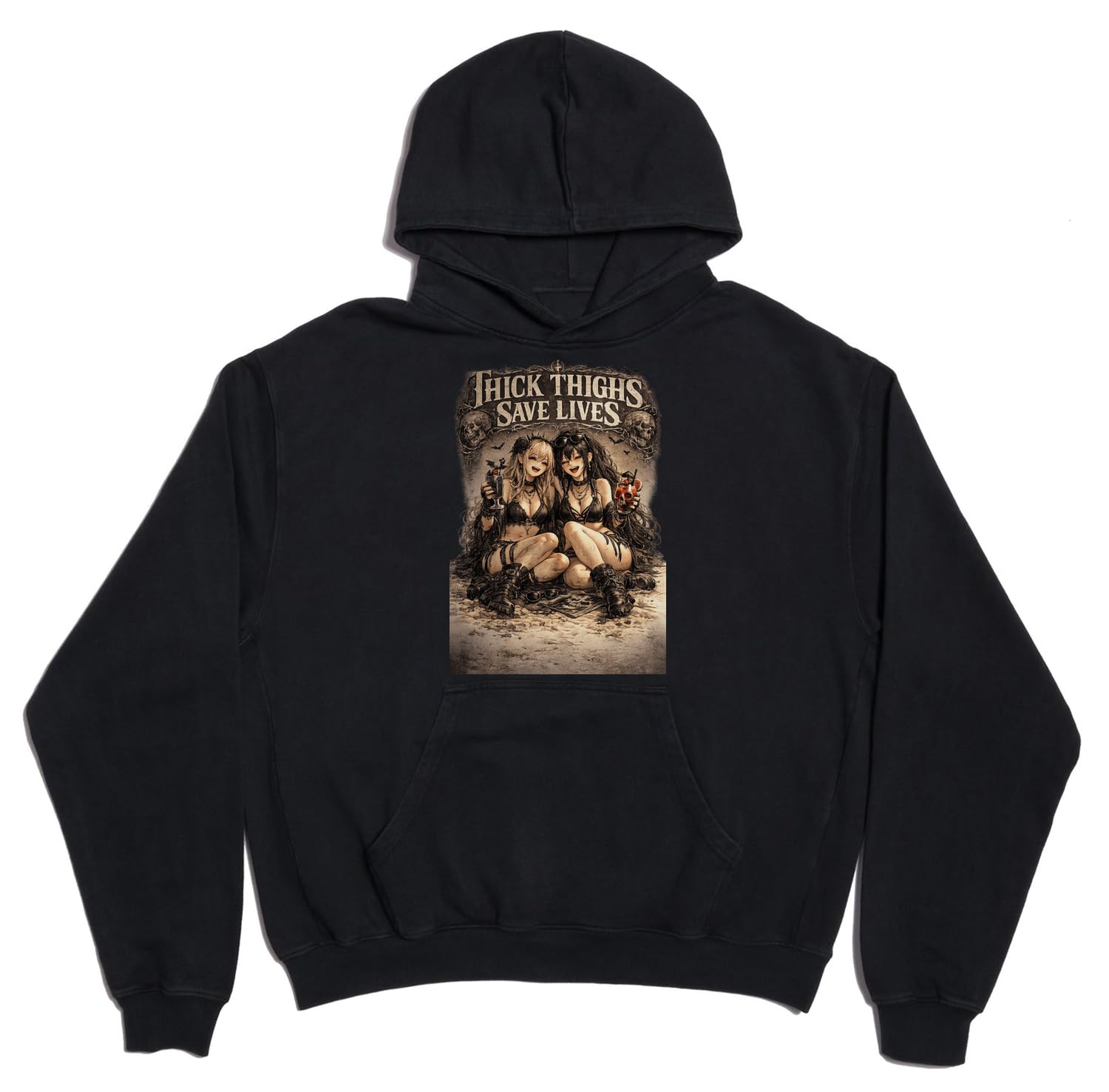 Figlarne gotyckie dziewczyny z napojami unisex oversize ciężka mieszanka bawełny bluza z kapturem czarna