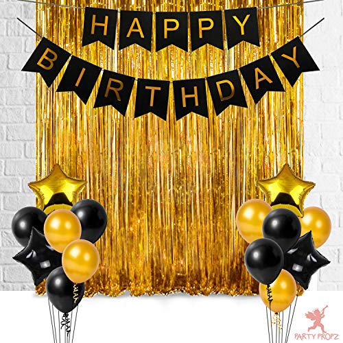 Image of Party Propz Birth Day Decorations Set- 17Pcs Happy Birthday Golden Fringe Foil Curtain, Banner (cardstock) Star Foil Baloon, and Metallic Rubber Balloons Decoration Items Combo