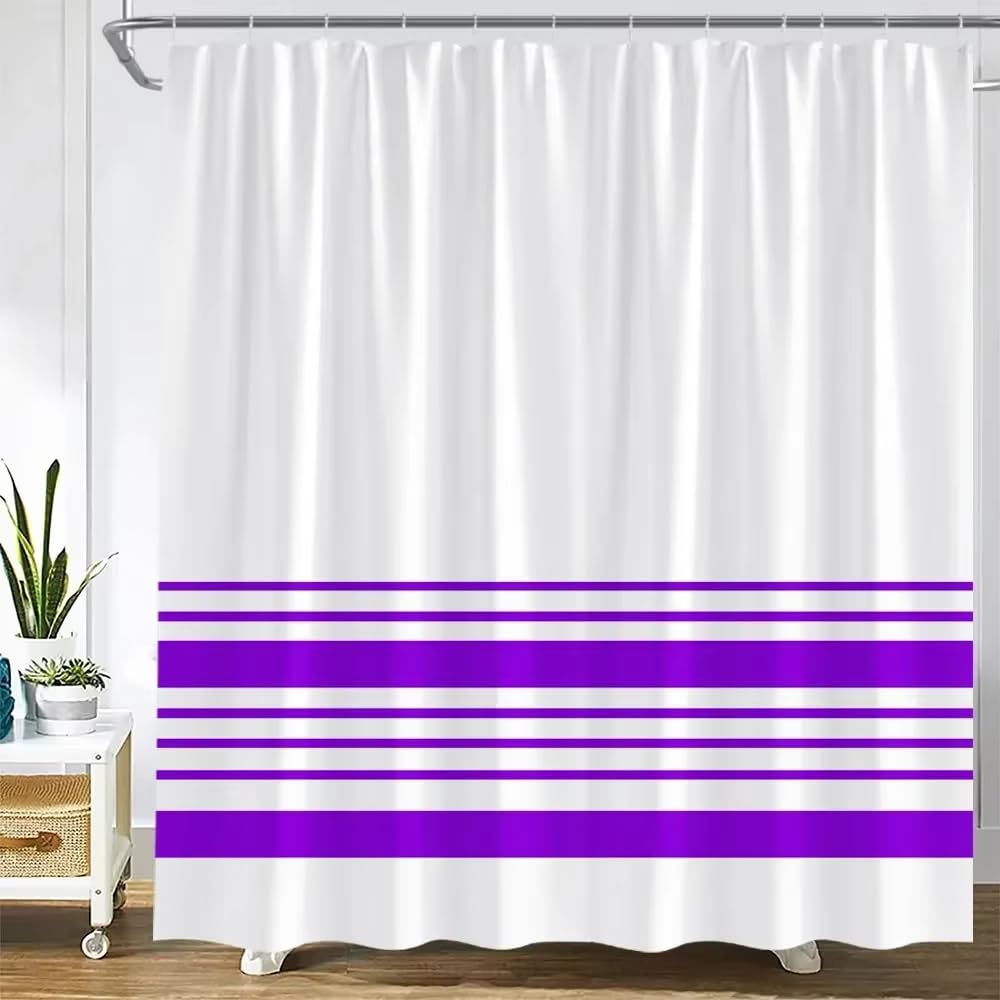 KELAIMI Simple Striped Print Shower Curtain - Modern Geometric Horizontal Stripe Bathroom Curtain with Hooks - Boho Line Bath Curtain with Hooks Purple 180X210Cm