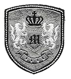 Letter M Rampant Lion Crest Crown Coat of Arms Patch Silver Black Embroidered Applique