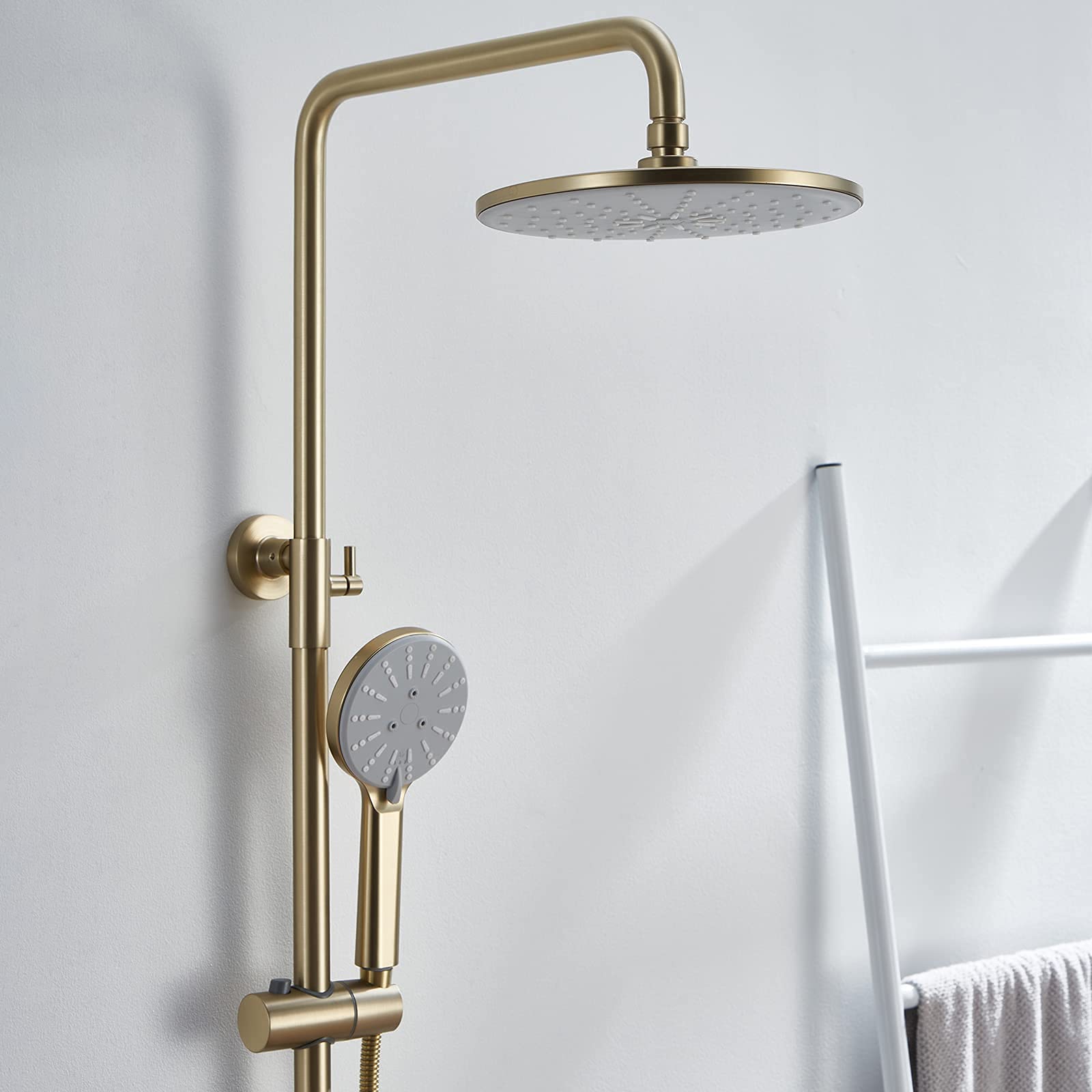 Set combinato per doccia con maniglia singola, montaggio a parete, con soffione doccia, doccetta a mano, beccuccio per vasca a cascata, cromato (oro spazzolato)