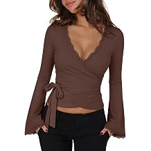 PINKMSTYLE Sexy Going Out Lace Wrap Tops for Women Bell Long Sleeve Top