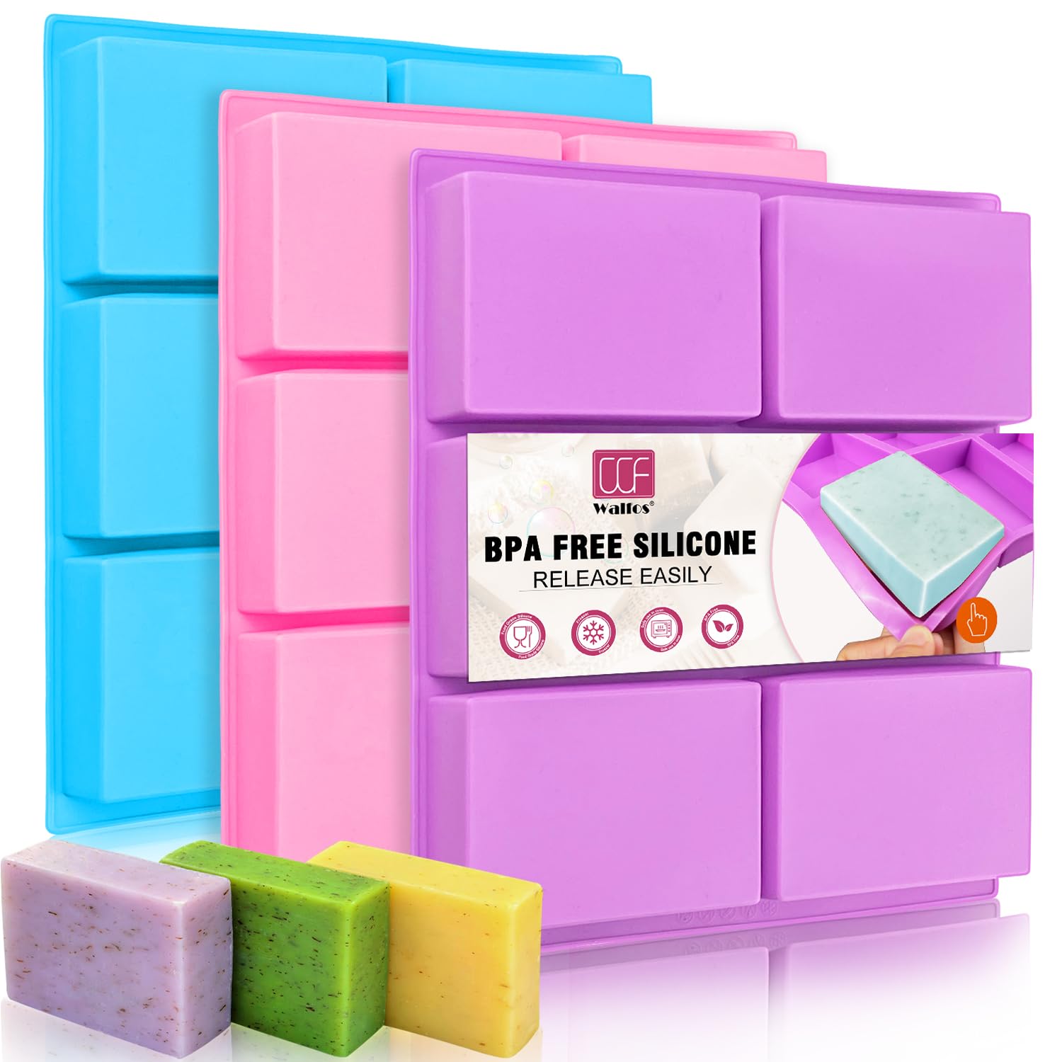 Silicone Soap Molds Set of 3, 6 Cavities Rectangle Silicone Soap Molds for Homemade Craft Soap Mold, Cake Mold, Chocolate Mold ＆ Ice Cube Tray（Blue & Purple ＆ Pink）-image-19