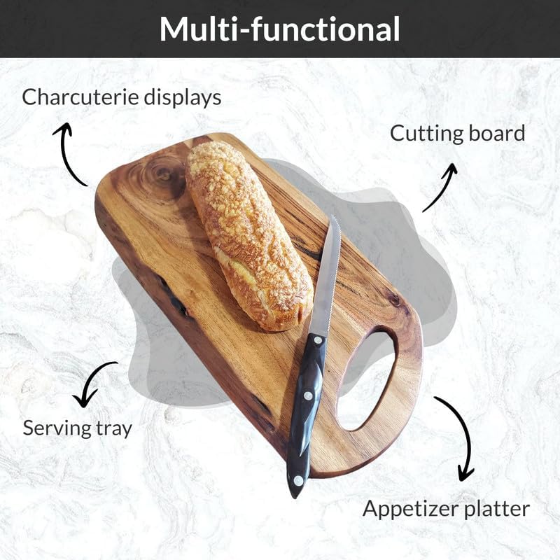 Miniatura 7 de Tabla de embutidos de acacia de borde vivo natural de primera calidad con mango redondo