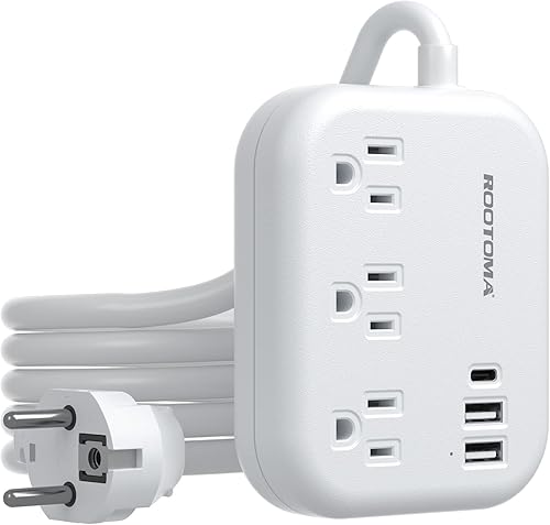 ROOTOMA - Adaptador de enchufe de viaje europeo, tira de alimentación internacional de 6 pies, 3 tomas de corriente estadounidenses, 3 cargadores