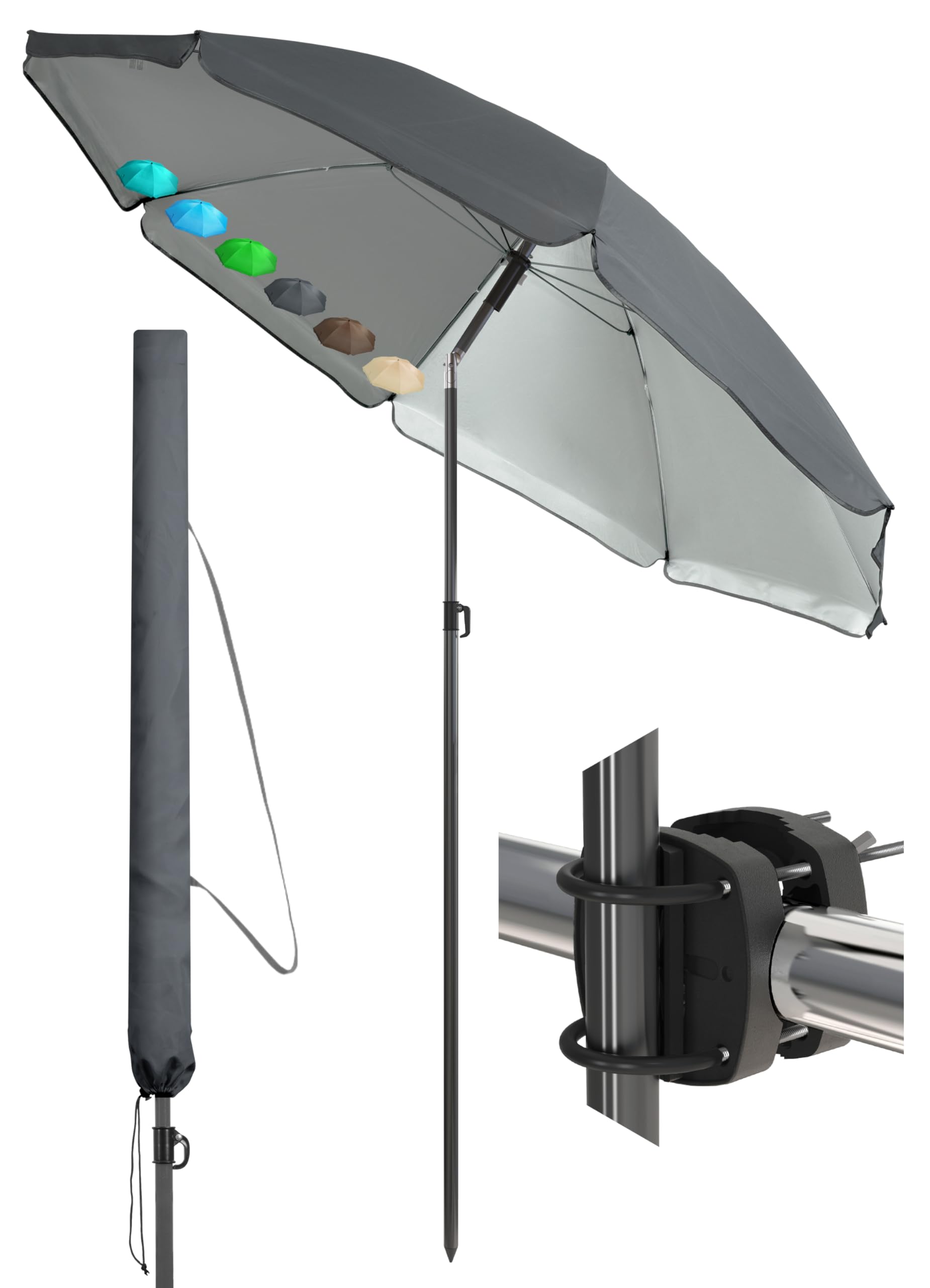 Menz Sonnenschirm Balkon Ø 160 cm, Anthrazit - Funktionelles 3-in-1-Set inkl. Balkon Schirm + Sonnenschirmhalter Balkongeländer + Sonnenschirm Schutzhülle, Sonnenschutz Balkon UV 50+