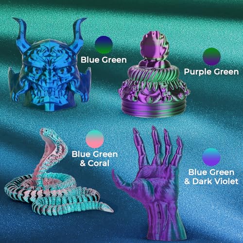 Image of AMOLEN Silk PLA 3D Printer Filament Bundle, Shiny Dual Color PLA Filament 1.75mm Pack, PLA 3D Printing Filament, Blue Green Coral Dark Violet Purple 200g X 4 Spools