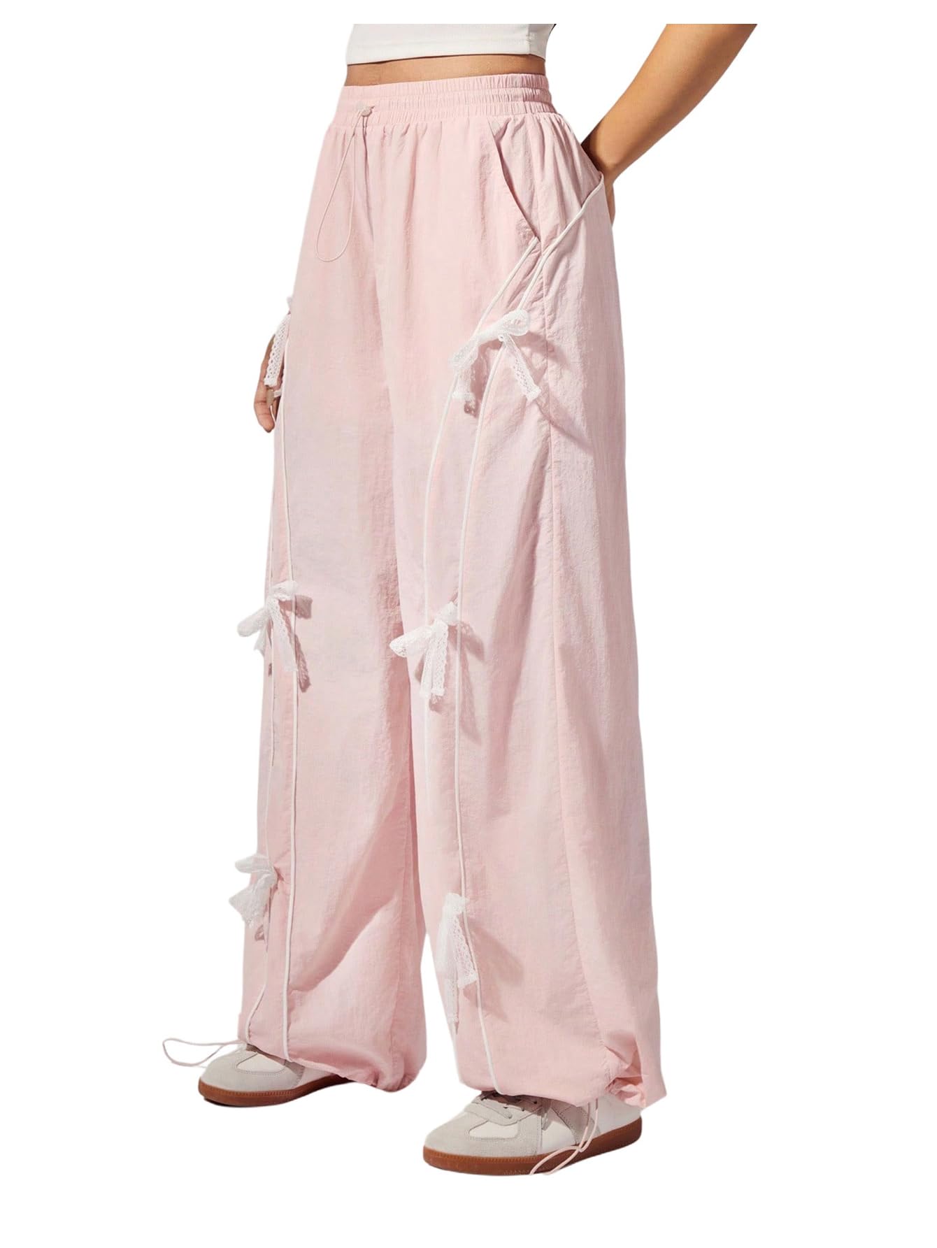 OYOANGLE Womens Y2K Side Bow Knot Track Pants with Pockets Drawstring Lightweight Casual Wide Leg Baggy Pants