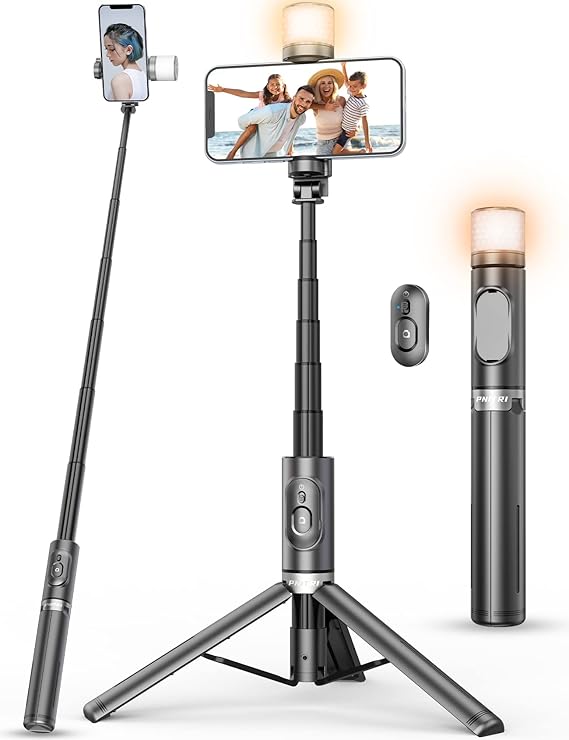 Selfie Stick Tripod with 360° Rotatable Fill Light,Reinforced Stable