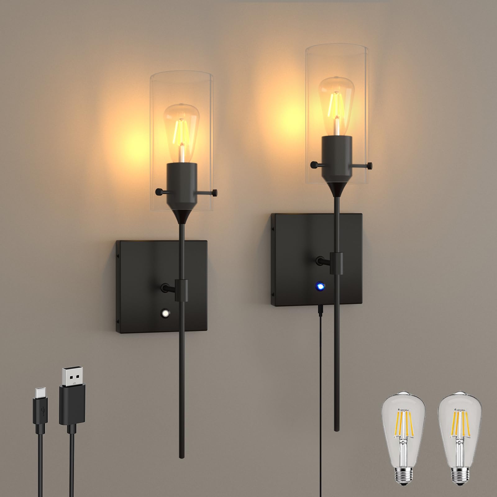 Dimmable Battery Operated Wall Sconce Set of 2, Rechargeable Wall Mount Light No Wiring, Easy Install Wireless Wall Lamp for Living Room Bedroom Hallway Farmhouse Indoor, Bulb Included